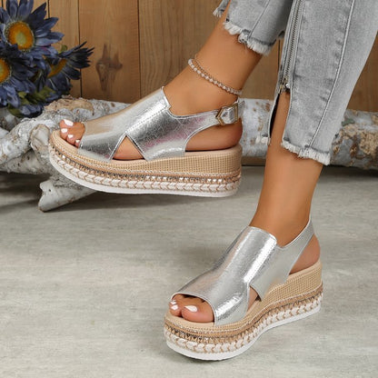 Sandales Brillantes à Talon Compensé